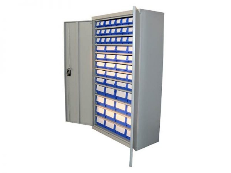 Utility storage cabinet with bins